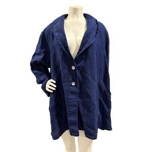Bryn Walker Women's Size 2X 100% Navy Blue Linen Oversized Blazer Lagenlook